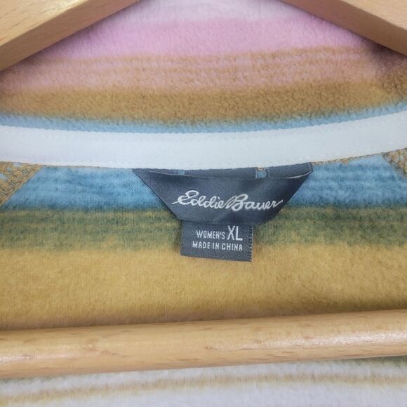 Eddie Bauer Fleece Quarter Zip Striped Pullover Sweater Pink Blue White Size XL - Picture 4 of 6